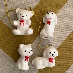 4 adorable miniature ceramic animal Christmas ornaments (EE)
